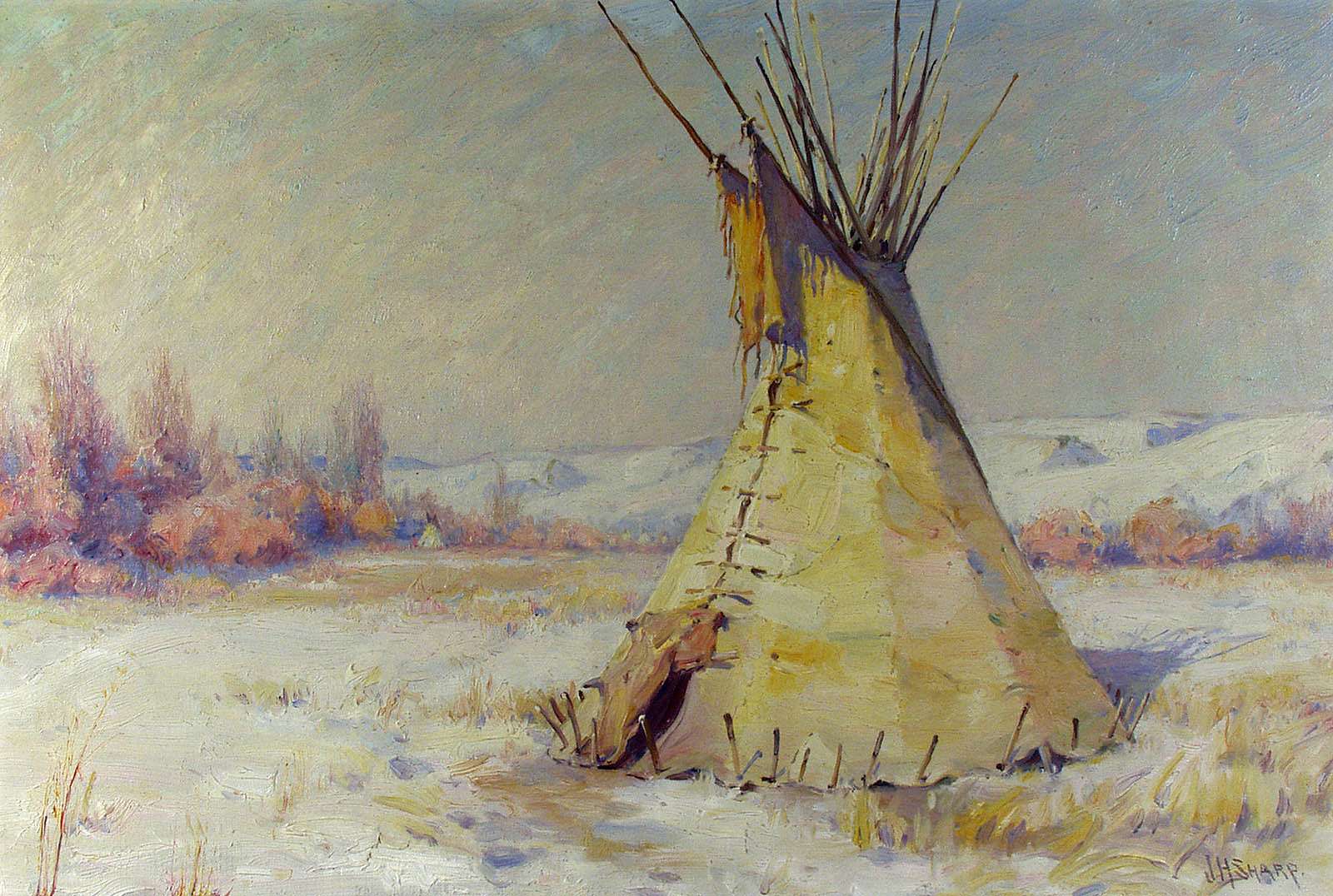 Yellow Teepee - Crow; [Winter scene, one tipi]